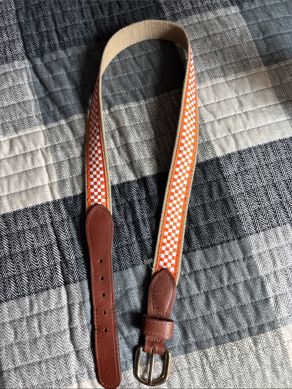 Zep-Pro Men's Orange Checker Web Belt with Brown Leather Accents